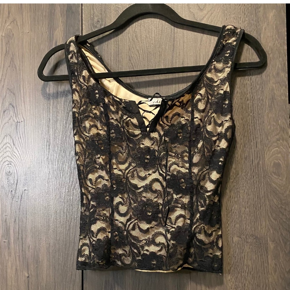 Creative Design Works CDW Black Floral Lace Corset Top Beige Lining Lace Up 90s